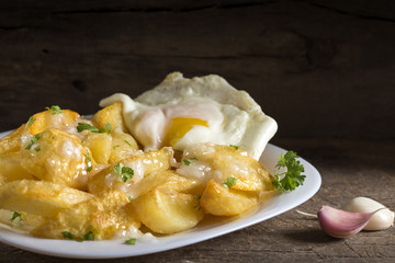 Homemade french fries (potatoes) with garlic sauce and egg