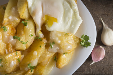 Homemade french fries (potatoes) with garlic sauce