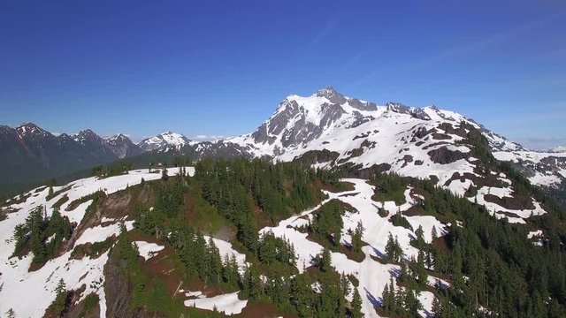 Summer Aerial of Mt Baker Ski Resort with Mt Shuksan Background