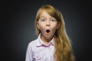 Closeup Portrait of wondering girl going surprise on gray background