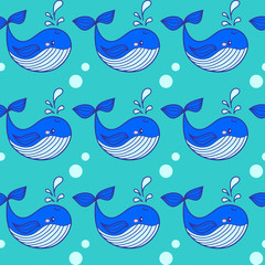 Cute background with cartoon blue whales. Baby shower design. Seamless pattern can be used for wallpapers, pattern fills, surface textures.