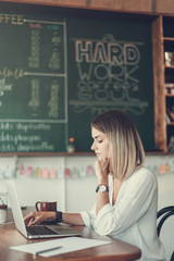 Fototapeta premium Young woman freelancer working with laptop in cafe