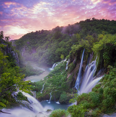 Plitvice waterfalls at sunrise