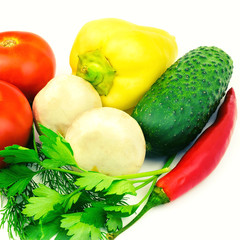 Group of vegetables and green herbs isolated on white background.