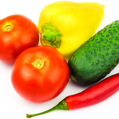 Group of vegetables, tomato, peppers, cucumber isolated on white background.