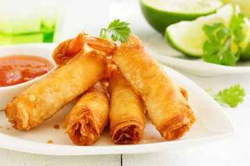 Spring rolls with shrimp with sweet chili sauce. Asian cuisine.