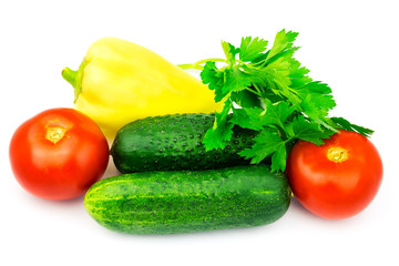 Group of vegetables and green herbs isolated on white background.