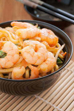 Prawn Chow Mein Or Lo Mein With Egg Noodles And Bean Sprouts 