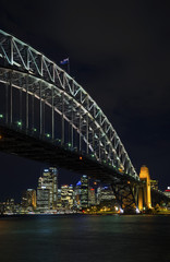 sydney harbour bridge and skyline landmarks in australia at nigh