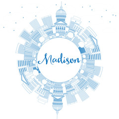 Obraz premium Outline Madison Skyline with Blue Buildings and Copy Space.