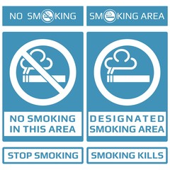 STOP! No smoking / YES smoking sign. Vector. The icon with a white contour on a blue background. For any use. Warns.