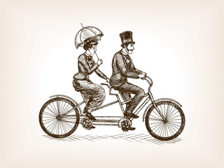 Vintage lady and gentleman bicycle sketch vector