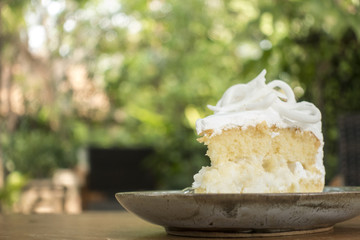 Coconut cream cake on dish in green garden outdoor, bokeh backgr