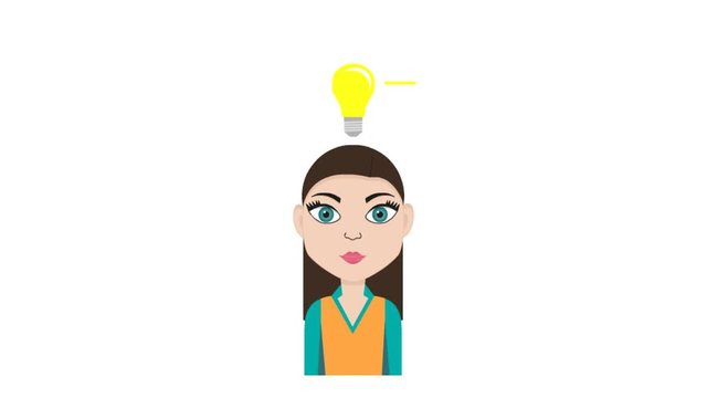 Animation of isolated young woman with lightbulb above the head - representing idea
