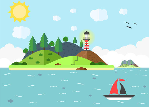 Travel scene in the sea with lighthouse, hill, tree, and sail boat. Summer time holiday voyage concept. Flat vector illustration