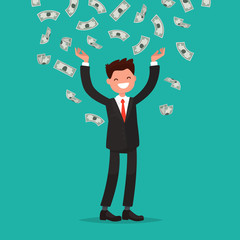 Money bills fall to the joyful businessman. Vector illustration