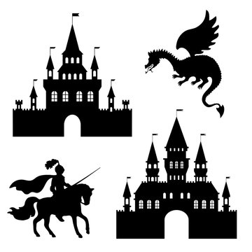 illustration silhouette of the castle, the knight and the dragon