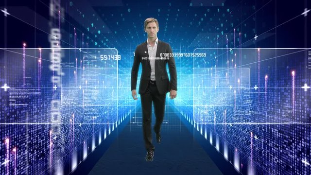 Young Caucasian businessman in formal clothes walks in digital tunnel toward future