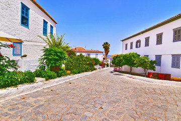 traditional road and architecture at Hydra island Saronic Gulf Greece