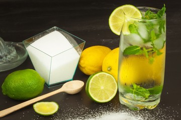 Homemade lemonade with fresh lemon and mint. Cool, refreshing dip in the hot summer.
