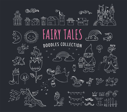 Collection Of Fairy Tales Hand Drawn Doodles, Illustrations