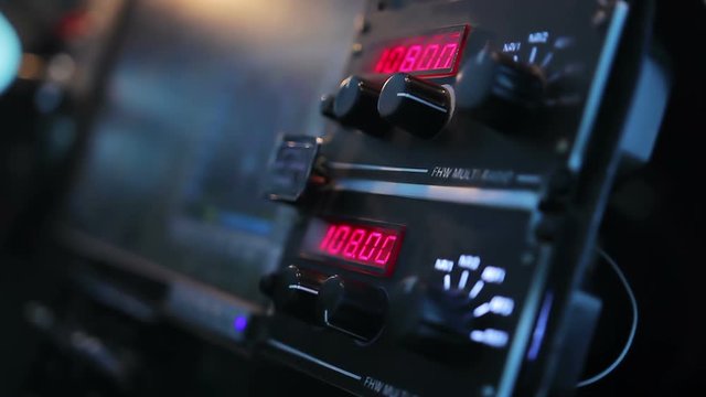 Flight indicators on aircraft cockpit panel, display, plane control system tools