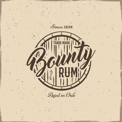 Obraz premium Vintage handcrafted label, emblem with old barrel and vector sign - bounty rum. Sketching filled style. Retro design for advertising, tee, t shirt prints. Isolated on grunge paper background. Vector