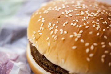 Top of the big Hamburger with sesame - macro food picture