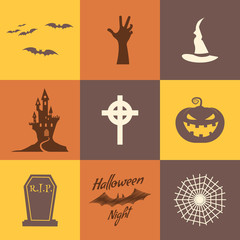 Set of halloween icons isolate on multicolor backgrounds. Flat design. Holiday party symbols - pumpkin, bat, witches hat, zombie hand, vampire house, lonely tree and other. Use for web, tee, t-shirt