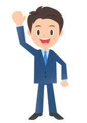 手を上げて挨拶するビジネスマン、男性会社員のイラスト素材、三頭身
