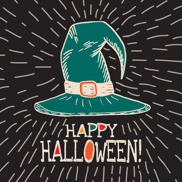 Halloween card with hand drawn witch hat