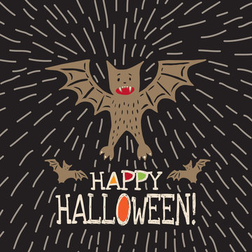 Halloween card with hand drawn bat in cute cartoon characters