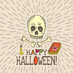 Halloween card with hand drawn skull, spell book and candle