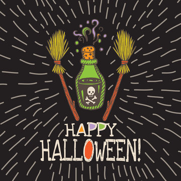 Halloween card with hand drawn magic potion bottle and broom