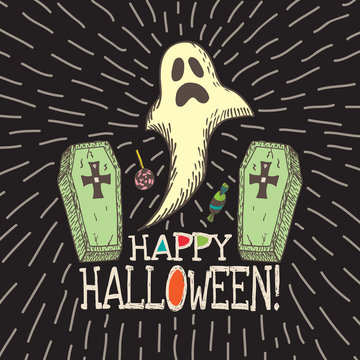 Halloween card with hand drawn ghost, coffins