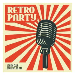 Rolgordijnen Retro party poster template with old microphone. Vector vintage illustration. © chelovector