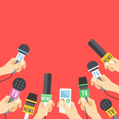 Hands with microphones. Journalism, live report, hot news concept. A lot of hands holding microphones and audio recorders. Modern flat design vector illustration