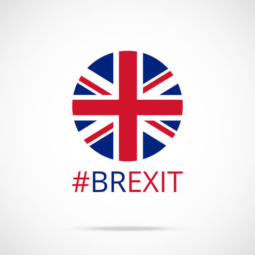 Brexit. UK Flag Round Icon And Brexit Hashtag. United Kingdom Exit From From The European Union Concept. Flat Design Vector Icon