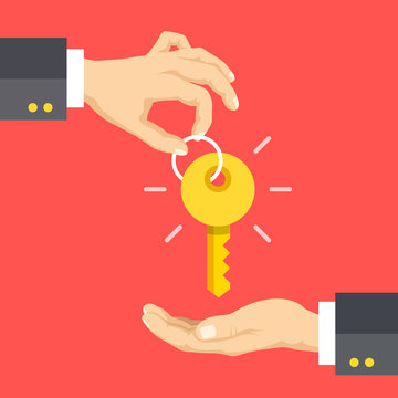 Hand giving key, hand taking key flat design concepts. Real estate agency, car sale, rent apartments or house concept. Vector illustration