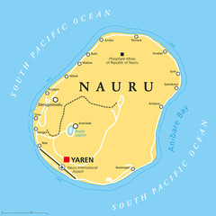 Nauru political map with de facto capital Yaren and important settlements. Republic in Micronesia in the Central Pacific. Island country, formerly known as Pleasant Island. English labeling.