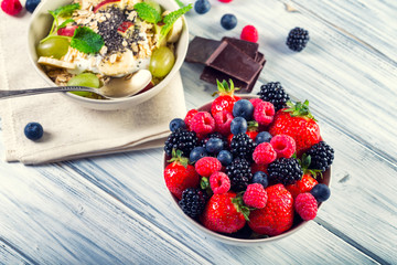 Bowl of fresh fruit. Bblackberries; raspberries; blueberries.