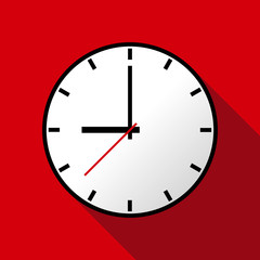 Clock icon, Vector illustration, flat design. Easy to use and edit. EPS10. Red background with shadow.