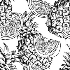 Seamless pattern with the image of pineapple fruit and orange. Vector black and white illustration.