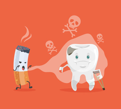 Tooth and cigarette characters. Vector flat cartoon illustration