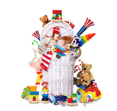 White wicker basket full of toys and gifts