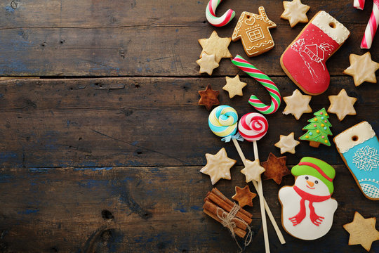 christmas cookies on rustic background