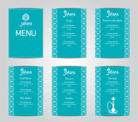 Vector illustration of a menu card template design for a restaurant or hookah cafe arabic oriental cuisine. Asian, Arab and Lebanese cuisine. Business cards and vouchers. Logo -hookah