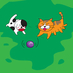 Cute dog and cat playing with ball on the field. Vector illustration. EPS10