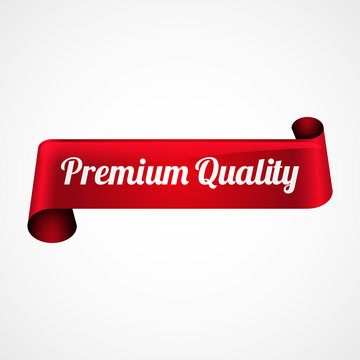 Premium quality banner, red ribbon design, vector illustration