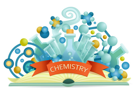 Chemistry emblem. Opened science book concept